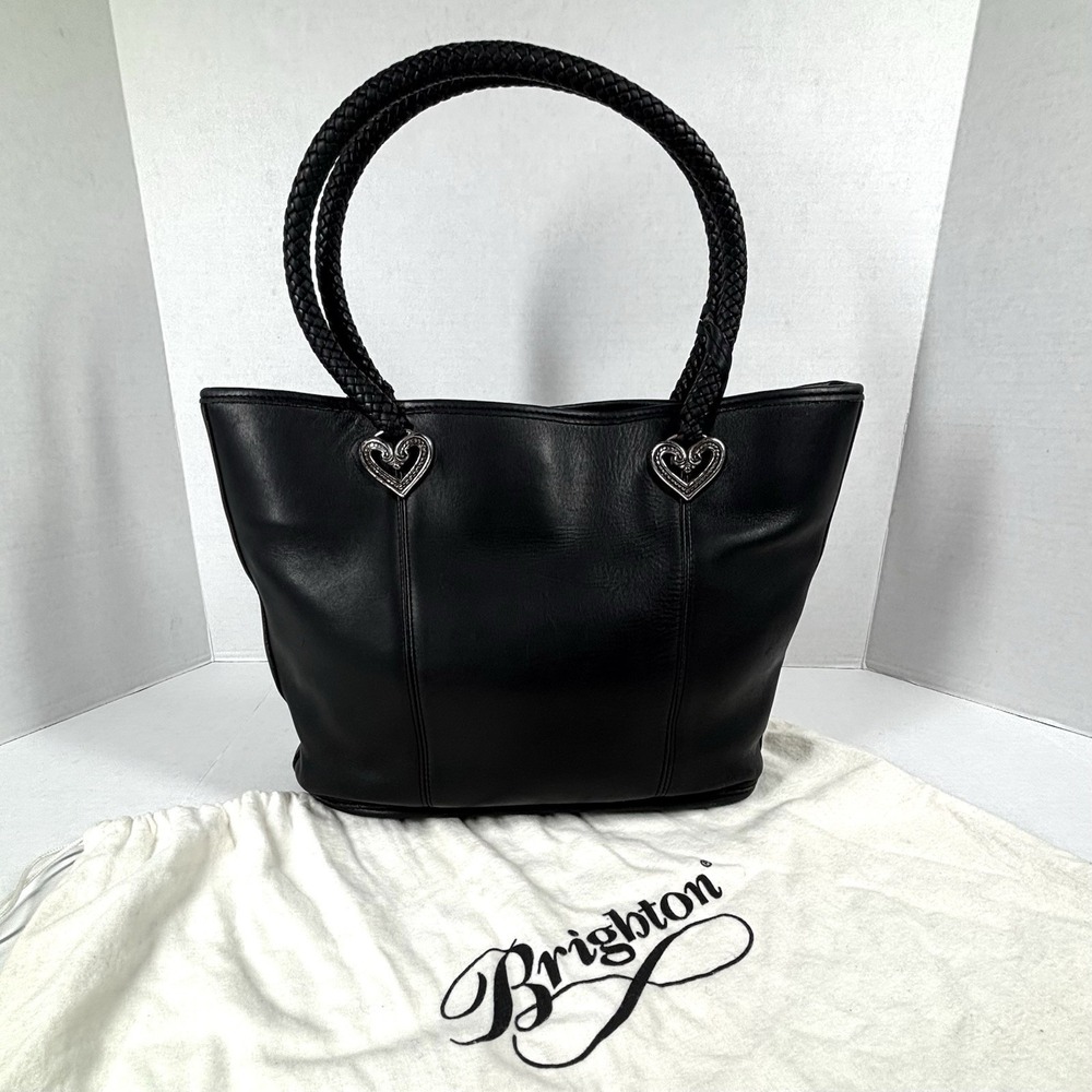 VTG Brighton Black Leather Bucket Purse Heart Charm Dust Bag 90s Weave Handle EC - Picture 2 of 10